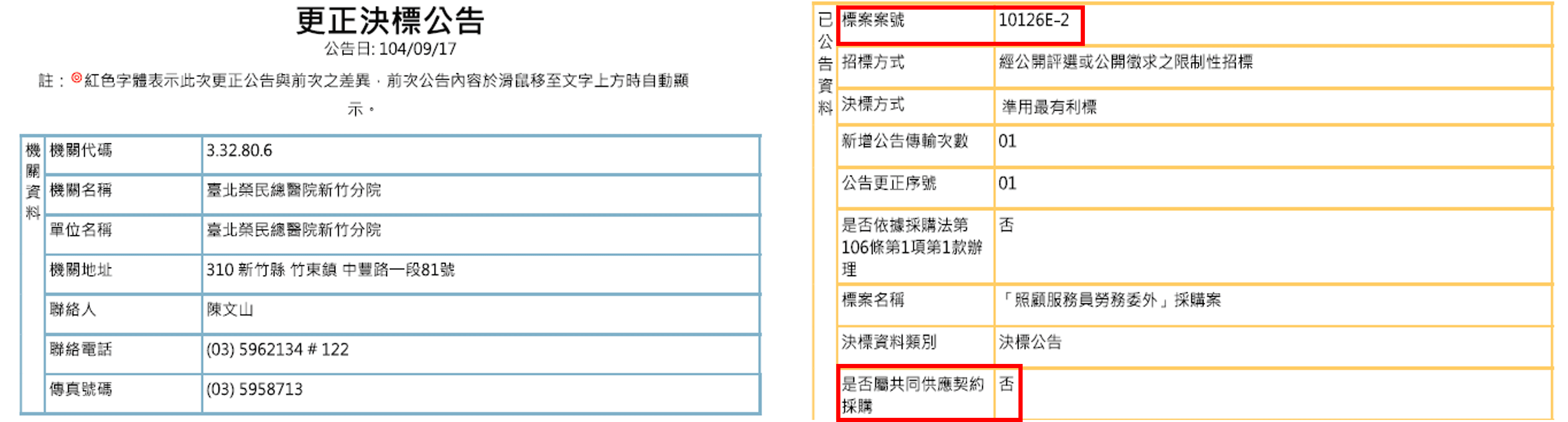 榮總新竹分院「照顧服務員勞務委外」採購案(案號10126E-2)非共同供應契約。(翻攝政府採購網公告)