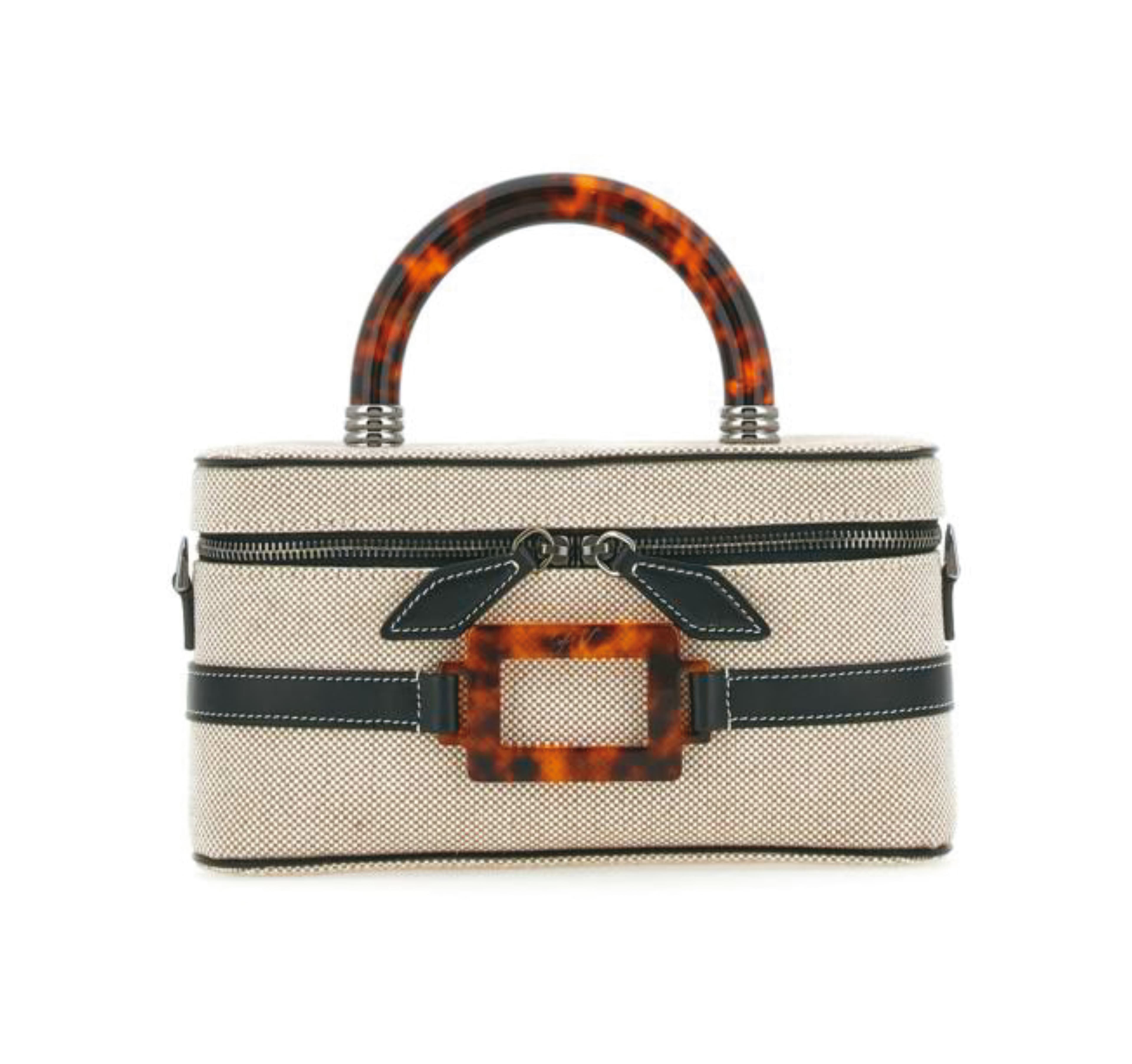 Belle Vivier自然色亞麻皮革拼接玳瑁釦化妝包。NT$75,600(迪生提供)
