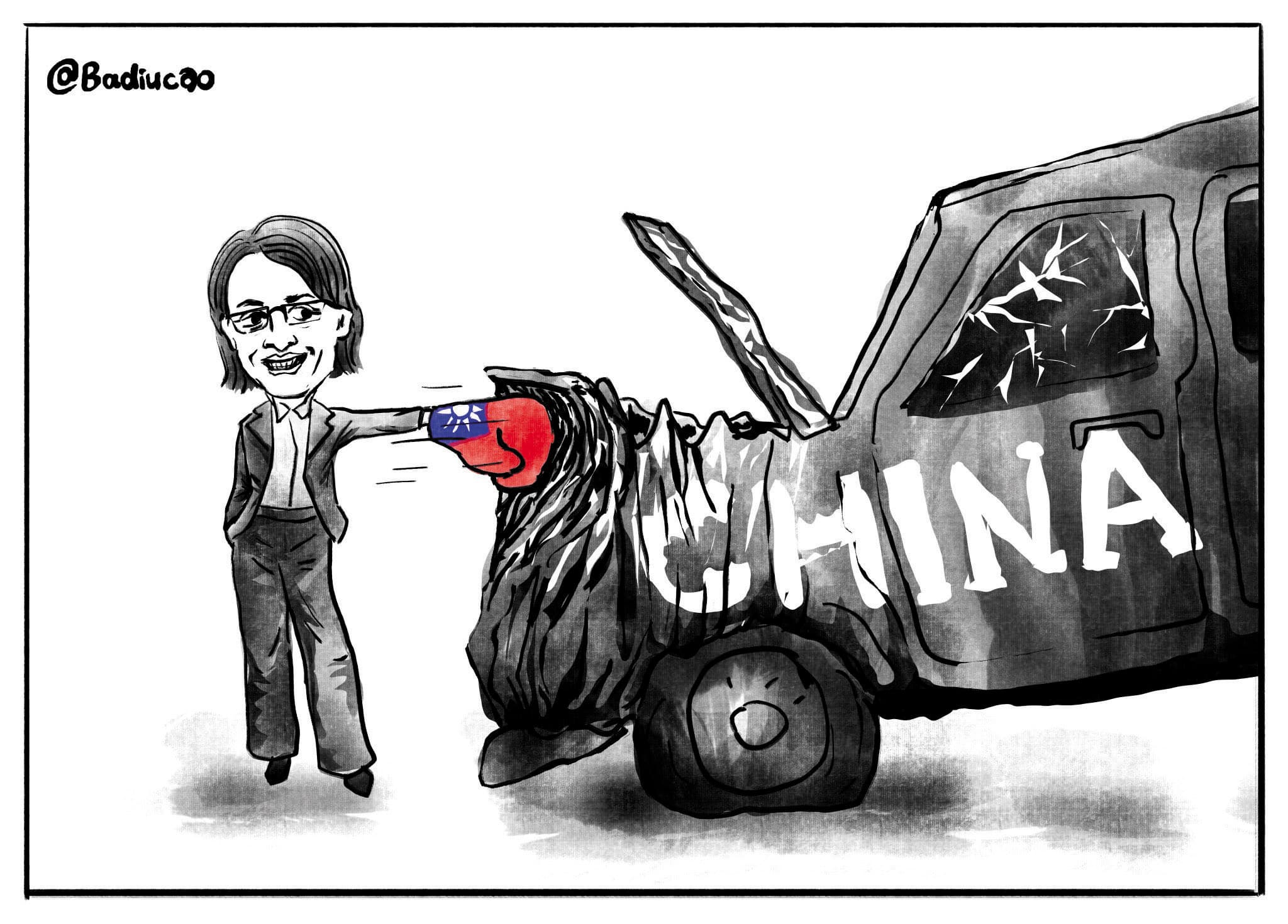 副總統蕭美琴去年訪問捷克期間,遭中國外交人員尾隨,差點釀成車禍。巴丟草今年稍早發布創作,題為:「漫畫台灣副總統 蕭美琴:不會嚇阻我為台灣發聲。」(巴丟草提供)