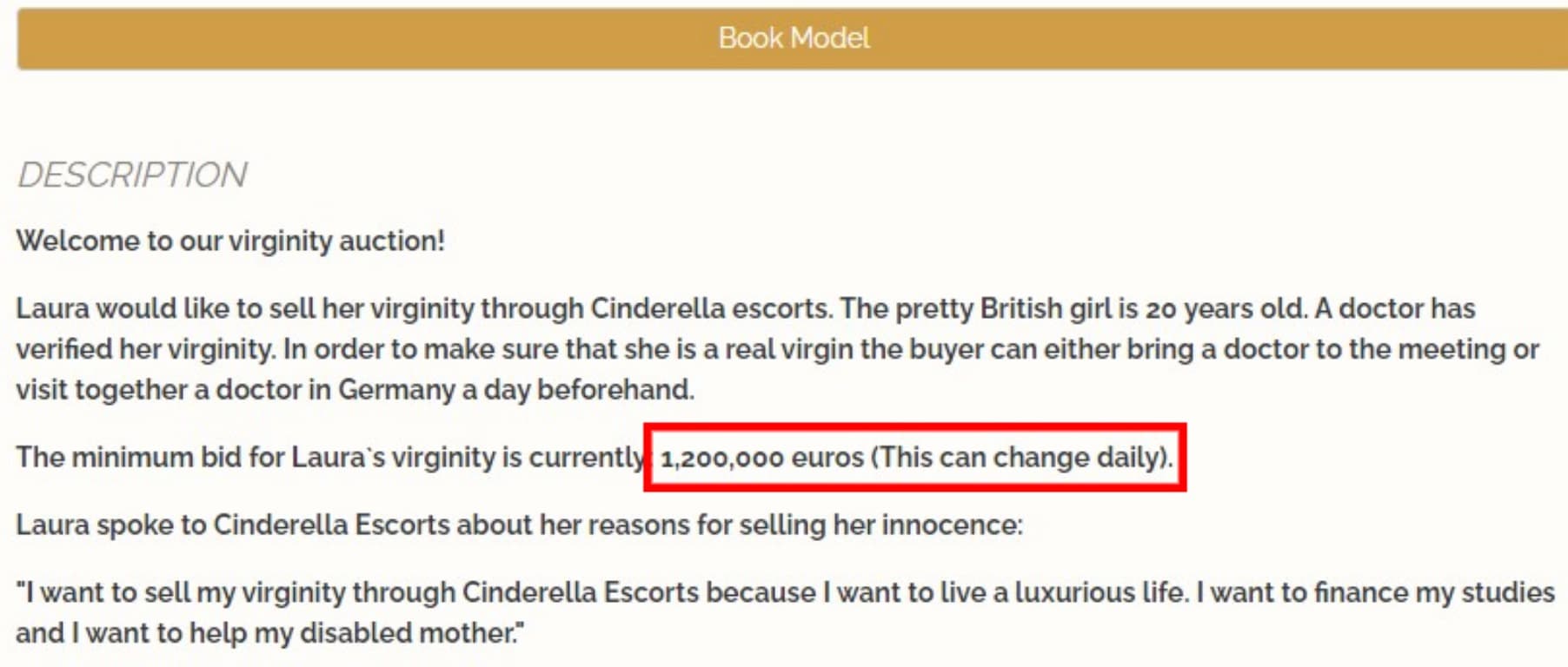 根據伴遊網站,目前競標價已經達到「120萬歐元」。(翻攝Cinderella Escorts)