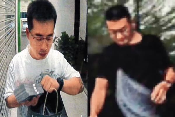 專案小組在陳會館門前拍到黑衣男子（右），另拍到白衣男子（左）存入大筆現金，認定二者是同一人，但白衣男有刺青，黑衣男則無，應非同一人。