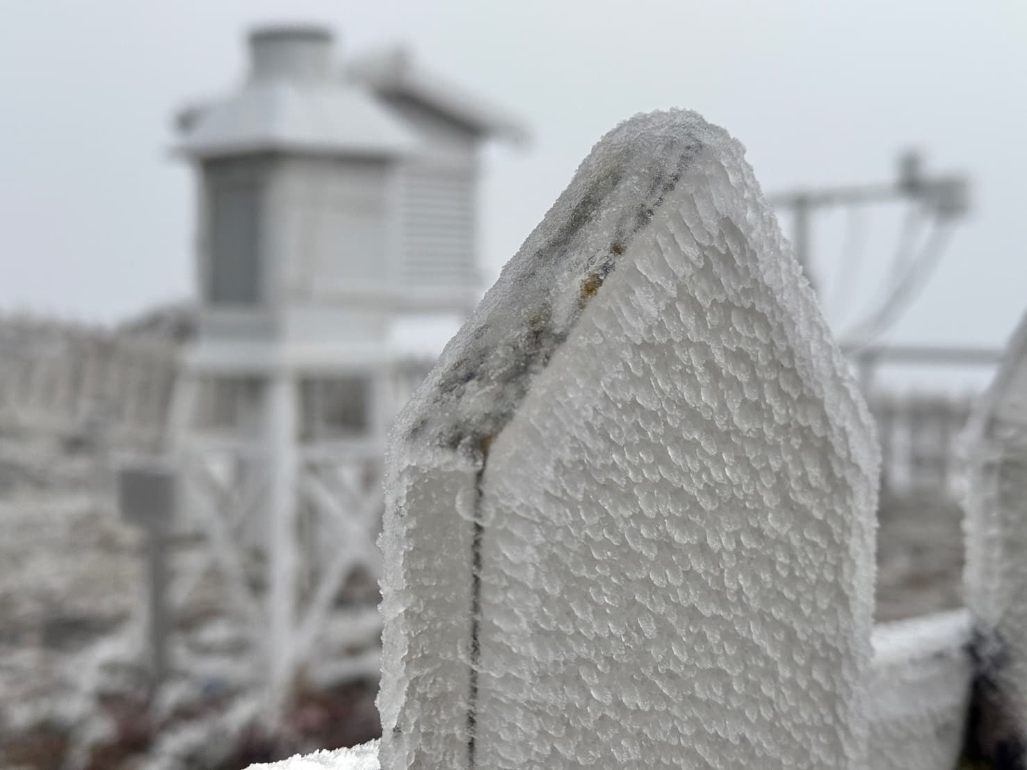 玉山氣象站今日清晨發生霧淞、雨淞，早上7時溫度-4.1度，溫度持續下降中。（中央氣象署提供）