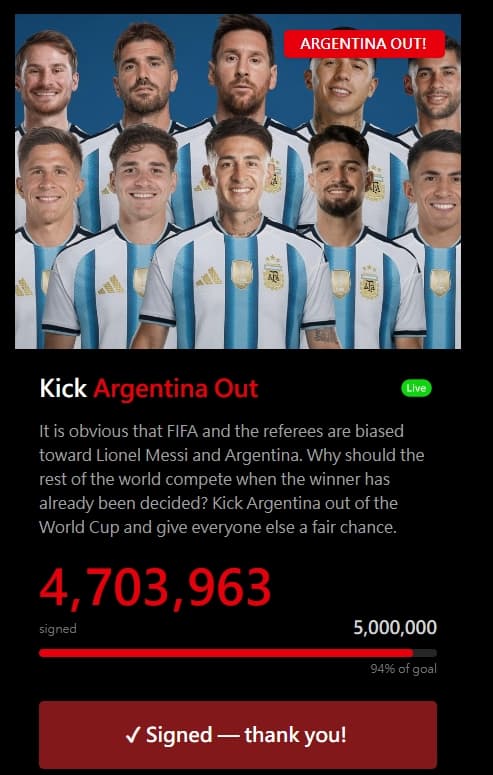 網路發起要求將阿根廷逐出世界盃的全球連署。(翻攝自argentinaout網站)