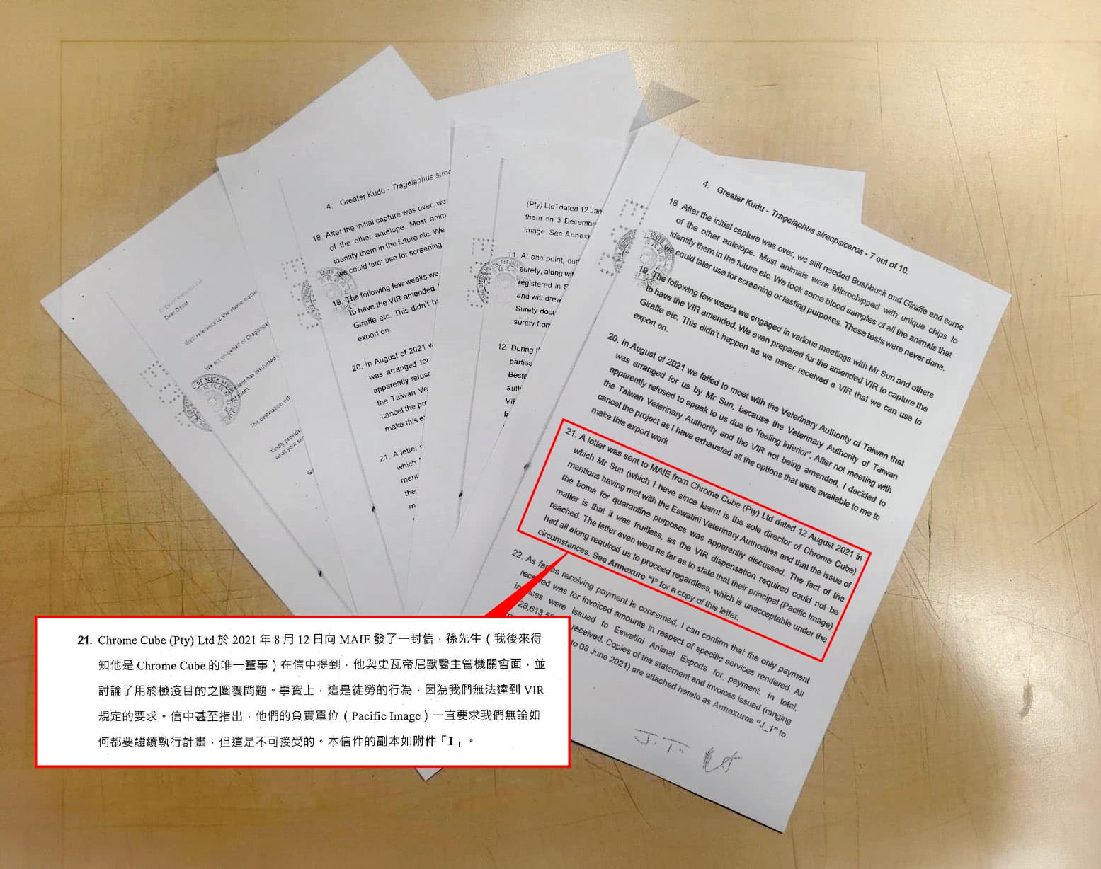 史瓦帝尼掮客出具文書提及,孫耀亨無法符合台灣農委會輸入動物規範,仍執意要他們捕捉動物,足以佐證詐欺意圖明確。(大圖為英文原件,小圖為中文翻譯)(讀者提供)