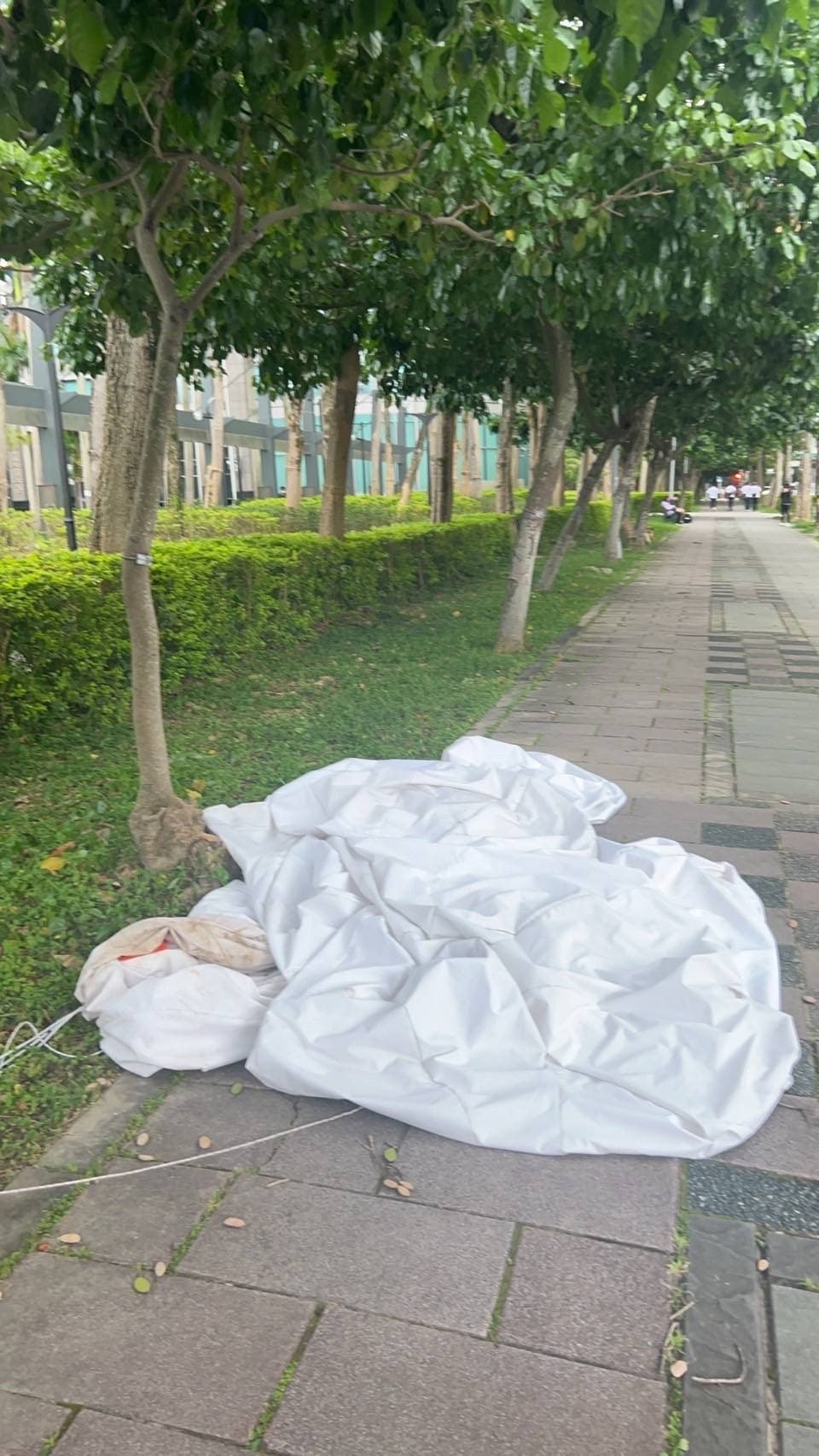 氣球最後砸傷一名機車騎士,消風降落在路邊。(翻攝畫面)