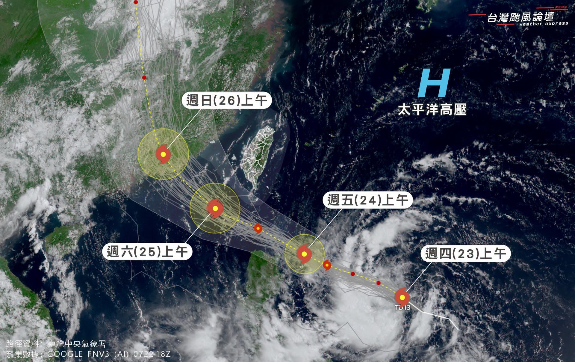 熱帶性低氣壓TD13最快於明天凌晨有機會增強為颱風「紅霞」。(翻攝自臉書粉專/台灣颱風論壇|天氣特急)
