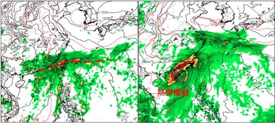 最新歐洲模式29日20時模擬圖顯示,第4波「梅雨季」鋒面移入,伴隨西南風的增強,有明顯降雨(左圖)。最新美國模式則模擬29日20時,南海有「熱帶擾動」,挾大量降雨移入(右圖)。(翻攝自氣象應用推廣基金會/圖擷自tropical tidbits)