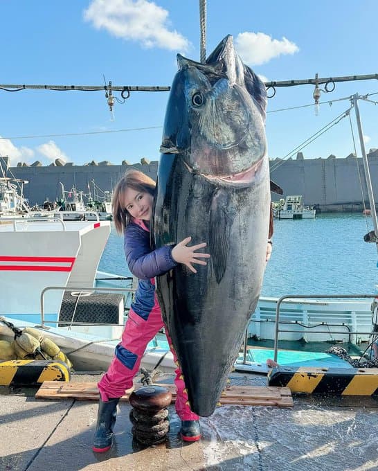 里美尤莉婭跑到青森釣魚,並成功釣到一條重達135公斤的巨大黑鮪魚。(翻自X平台)