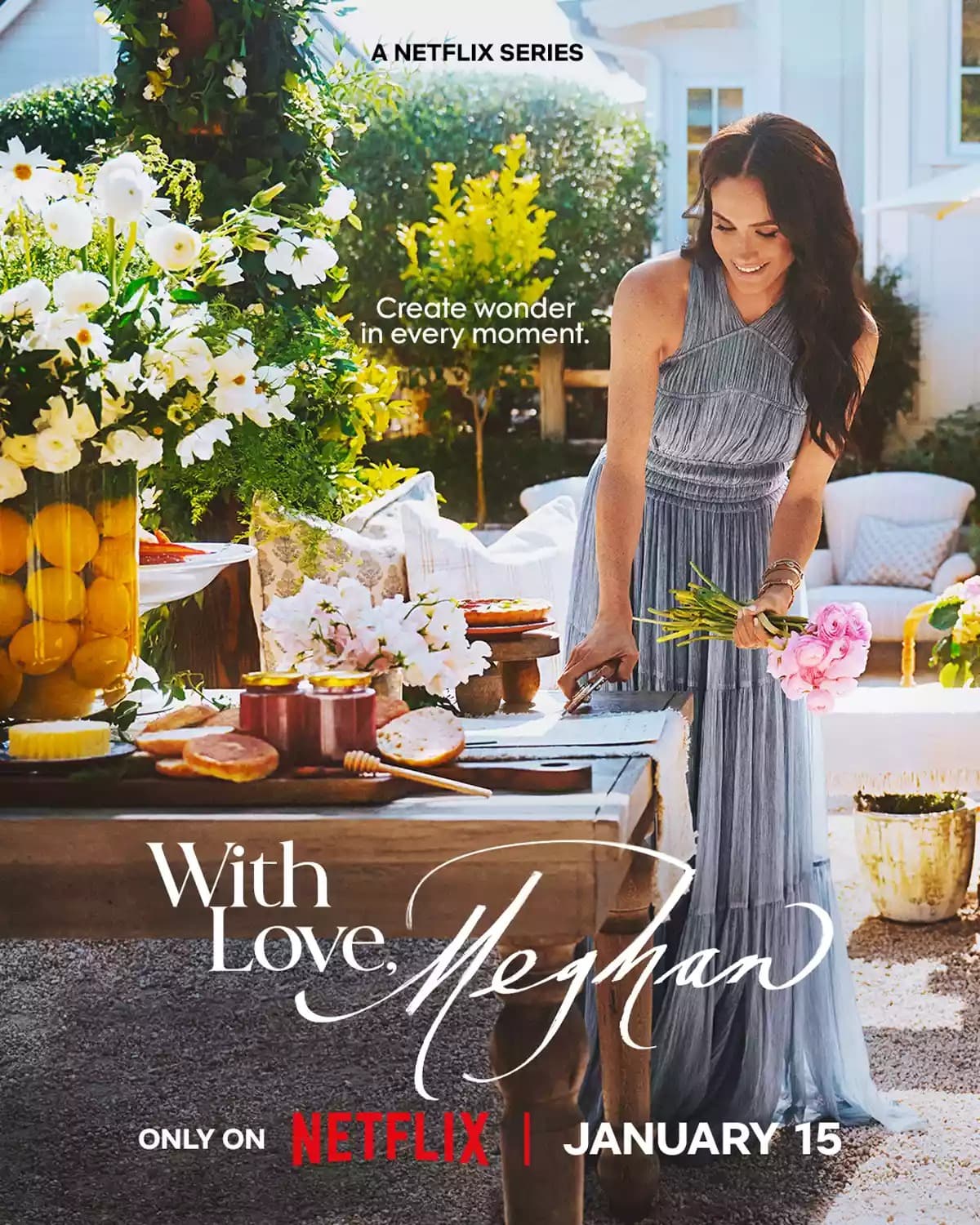 梅根的新節目《With Love, Meghan》原訂於本月15日開播,如今延期至3月4日播出。(翻攝Netflix)