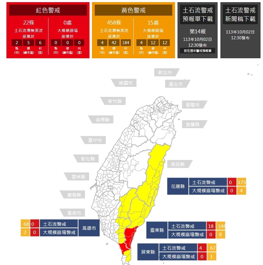 農業部更新土石流警戒。(翻攝自農業部官網)