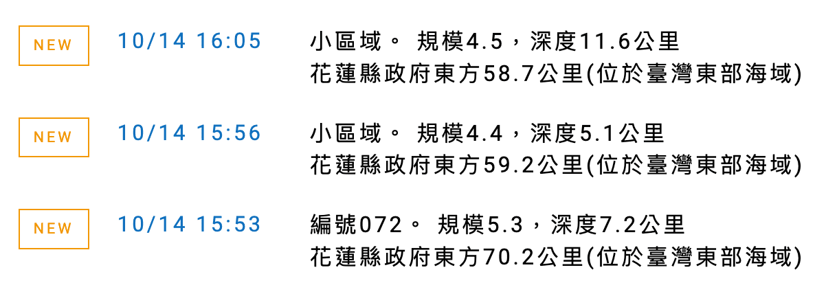 今下午花蓮縣政府以東12分鐘內連3震。(翻攝自中央氣象署)