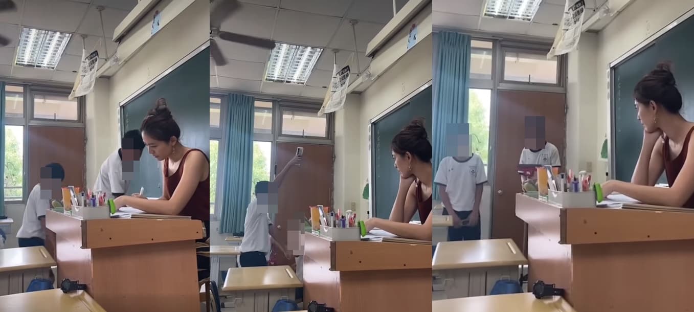 老師抬頭瞪了嬉鬧的男學生,他們馬上站好變乖。(翻攝臉書爆廢公社二館)