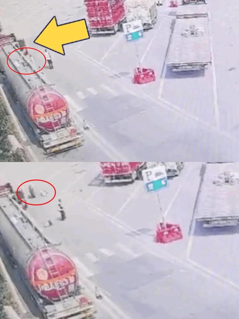 一個輪胎從高速公路一路滾進永川服務區，竟擊中一名婦人，導致她當場慘死。（翻攝微博）