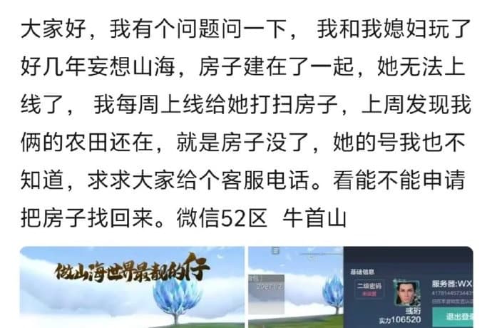 中國單親爸在遊戲裡找不到亡妻蓋的房子,發文求助感動無數網友。(翻攝自微博)