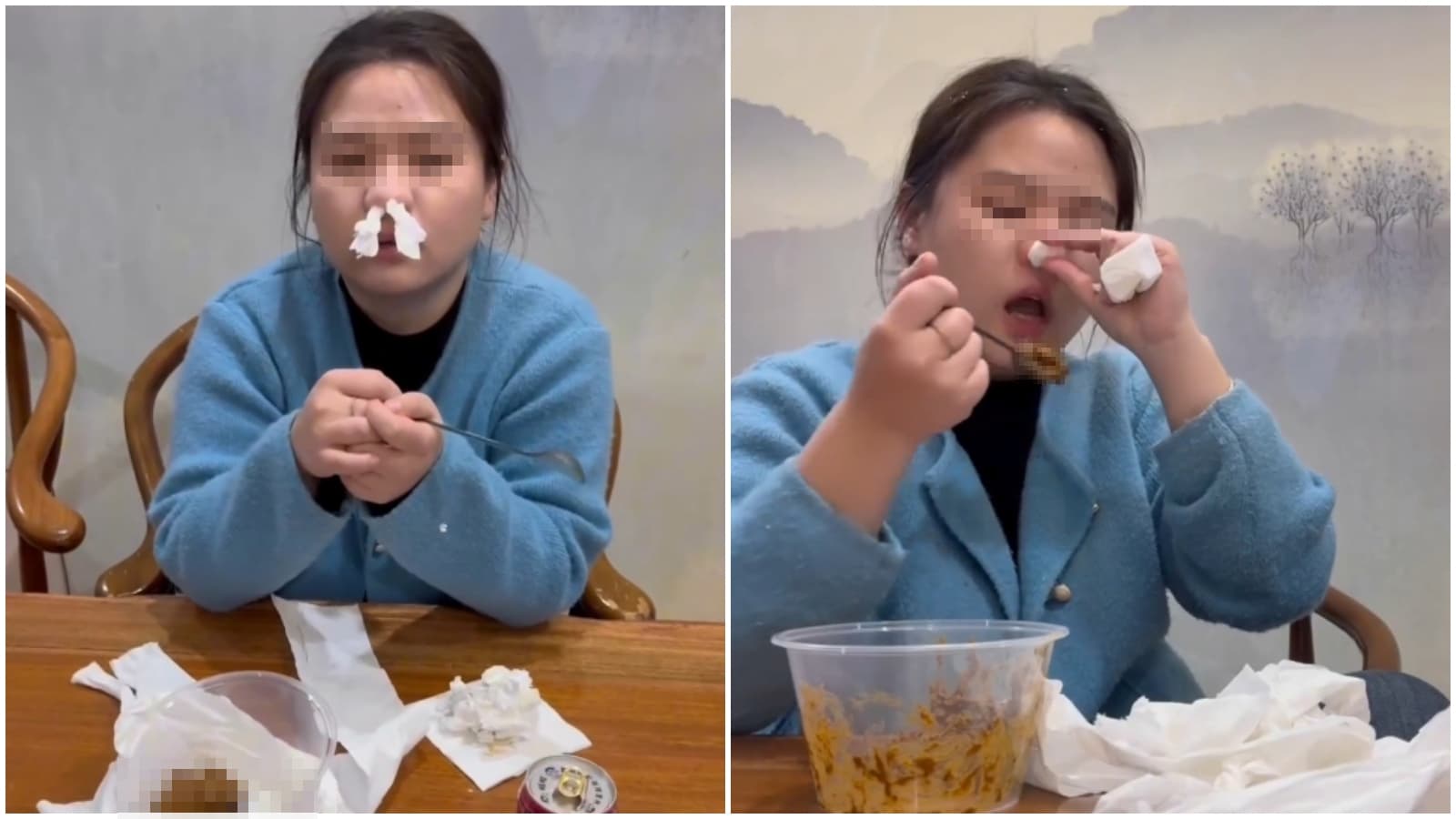 中國女強忍臭氣吃屎。(翻攝畫面)