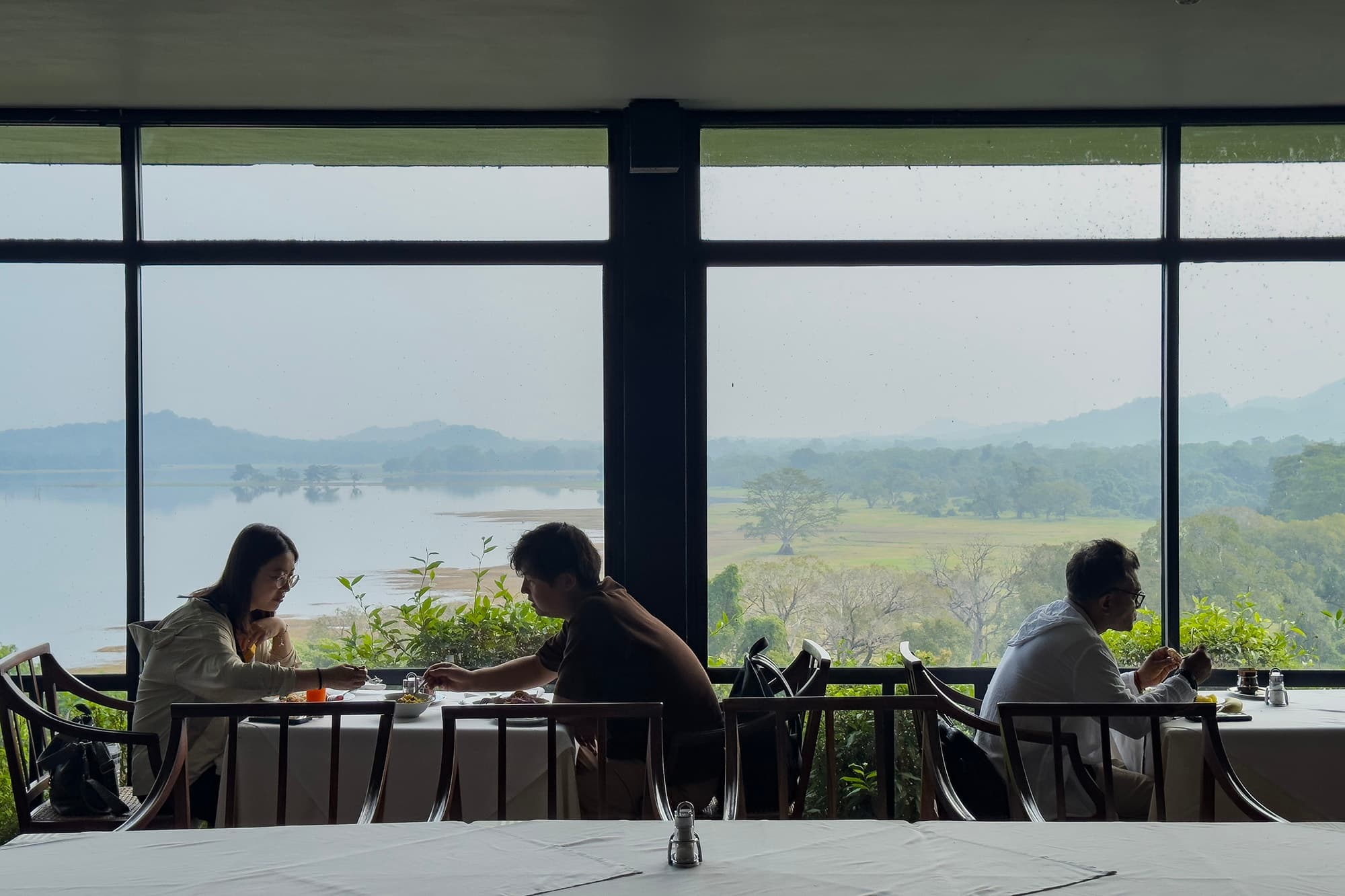 餐廳區域同樣強調通透性,窗外即是保護區的林木與湖景,將用餐環境與周邊自然景色垂直連結。