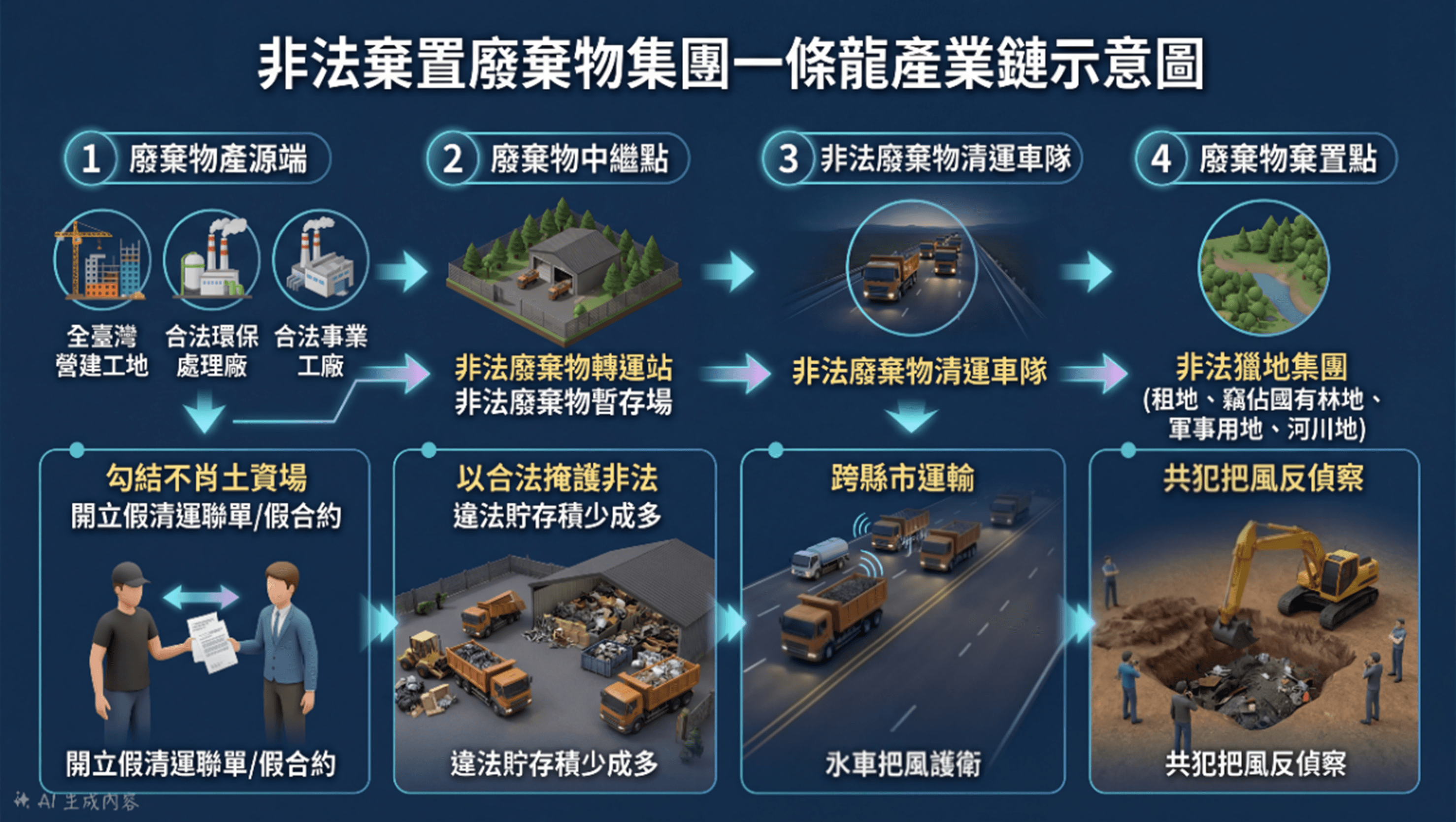非法棄置廢棄物集團一條龍產業鏈。(台中地檢署提供)