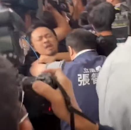 張智倫等人對洪申翰推擠拉扯，場面混亂。（翻攝網路）