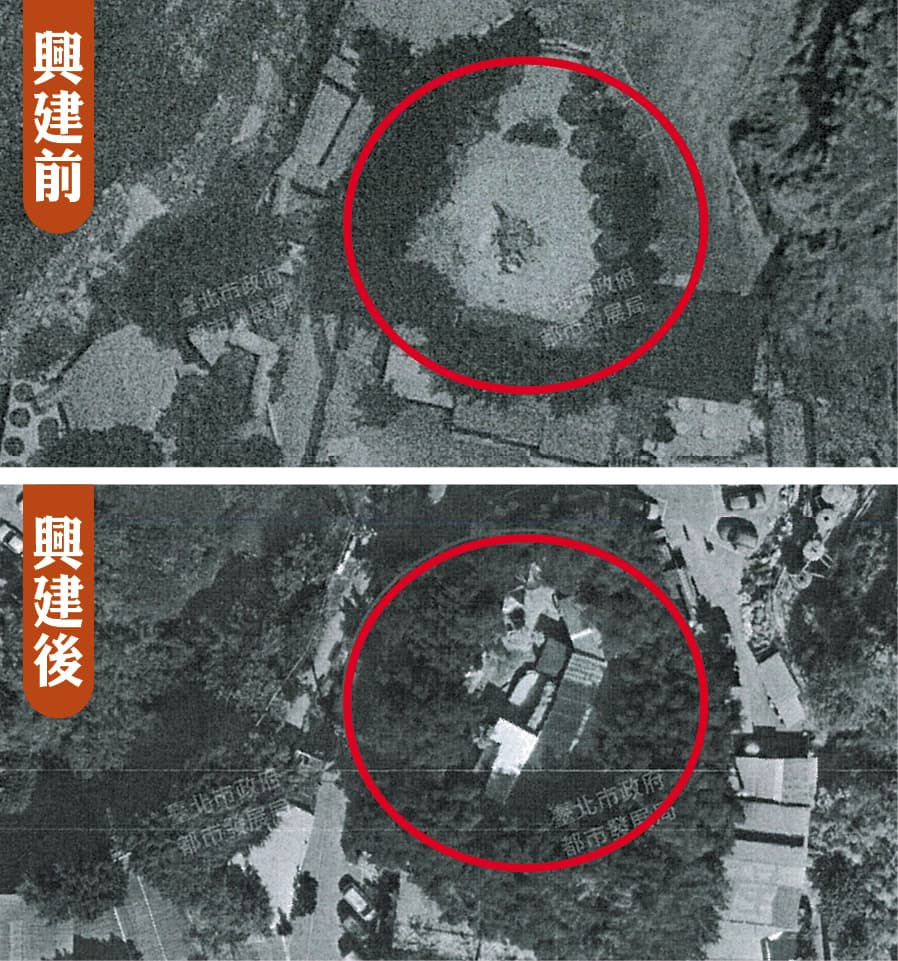 空照圖顯示,皇池為擴大營業,在山坡地蓋滿建物作為溫泉會館營利。(讀者提供)