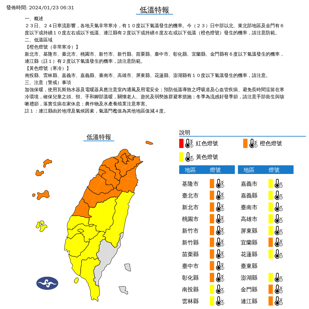氣象署今早對21縣市發布低溫特報。(中央氣象署提供)