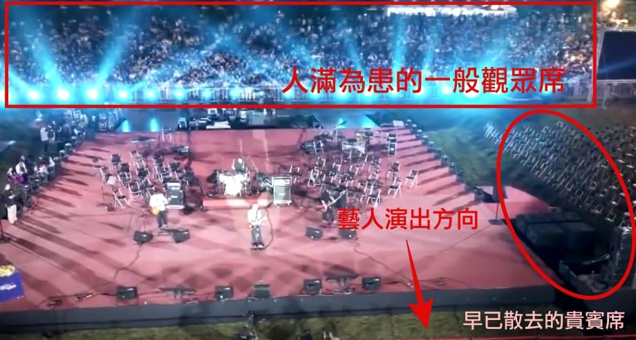 台中國慶活動的藝人演出方向面對已經散去的貴賓席,後方的一般觀眾只能看著藝人們的背影。(翻攝畫面)