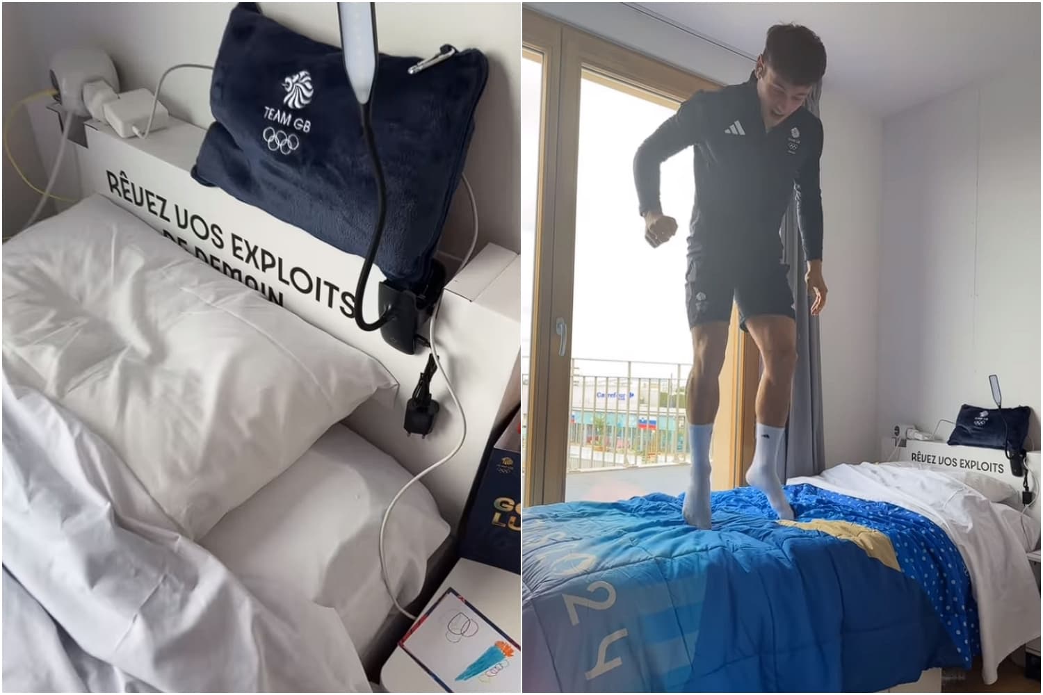 本屆奧運同樣採用紙板床,湯姆為大家實測堅固程度。(翻攝自Instagram @tomdaley)