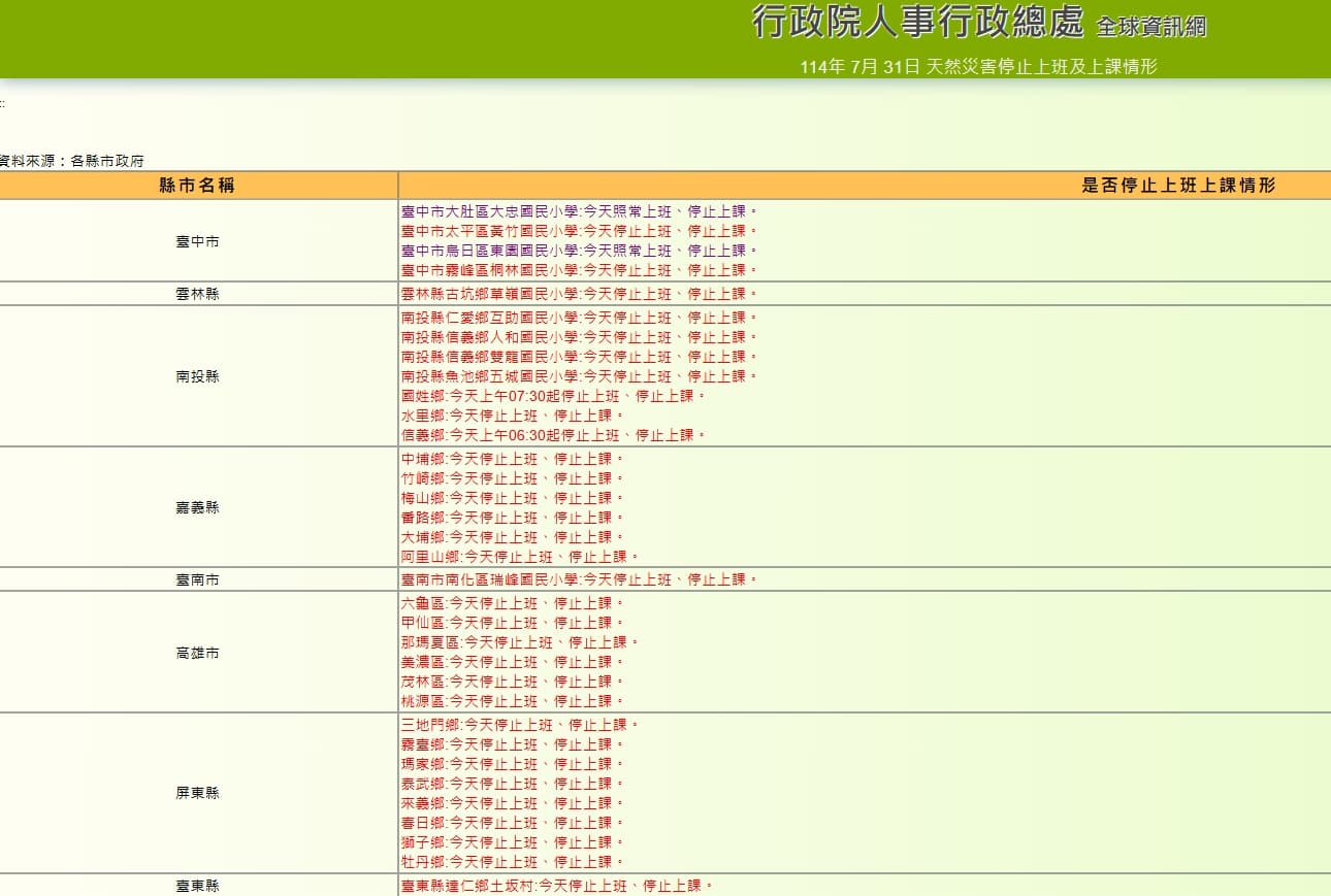 行政院人事行政總處公布全台停班停課一覽。(翻攝自行政院人事行政總處)