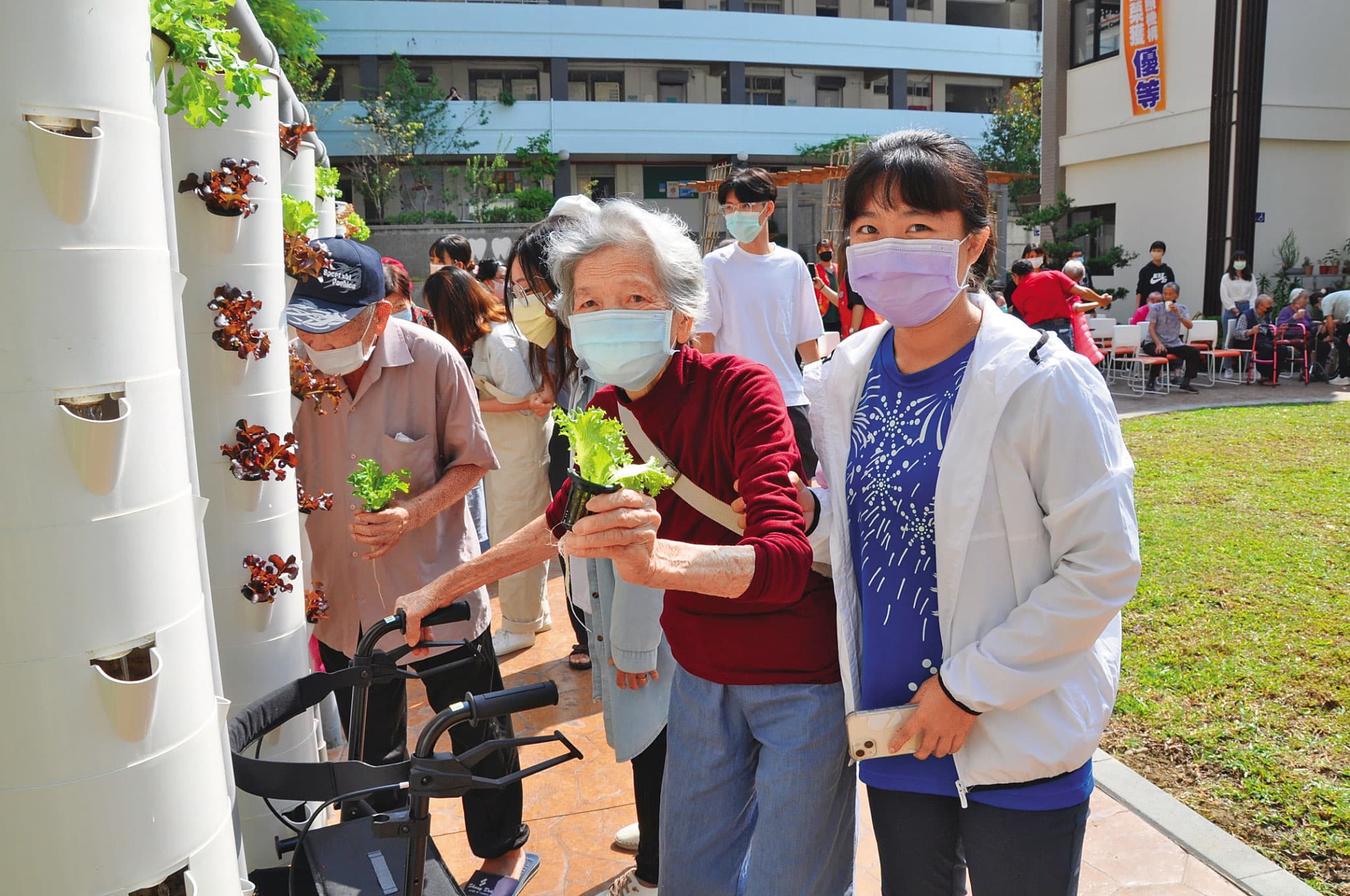 中臺科大利用校園戶外空間設置直立式水耕蔬菜架,高度配合行動不便長者,讓長輩種菜、澆水,把活動變成復能訓練。(中臺科技大學提供)