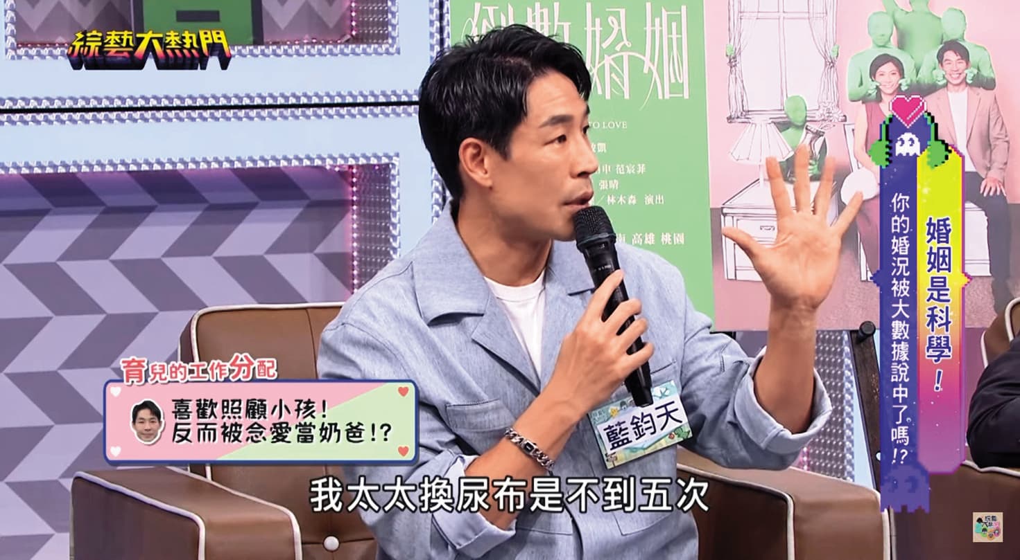 藍鈞天上節目時透露與老婆陳羽柔之間的口角,他覺得自己沒有被理解。(翻攝自《綜藝大熱門》YouTube)