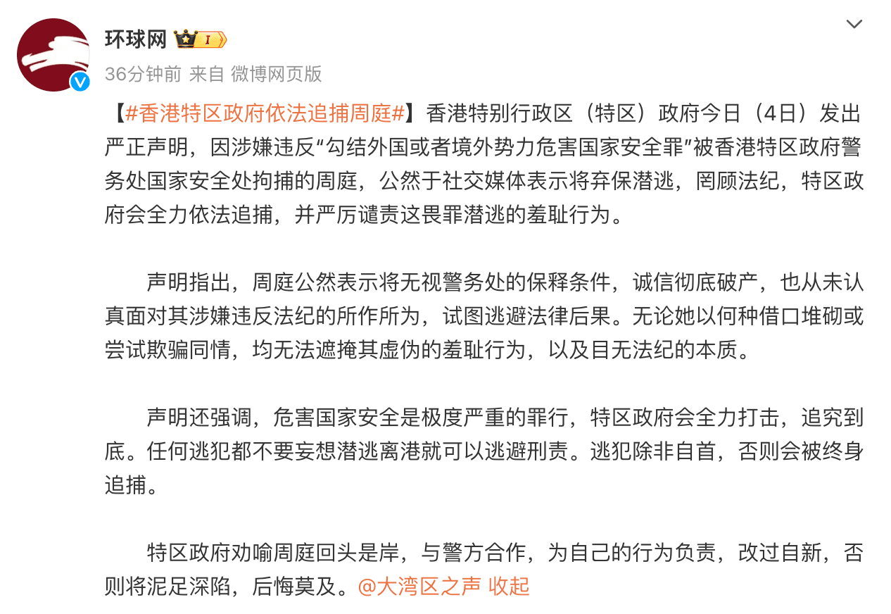 港府今晚間發出聲明,勸周庭「回頭是岸。」(翻攝自微博)