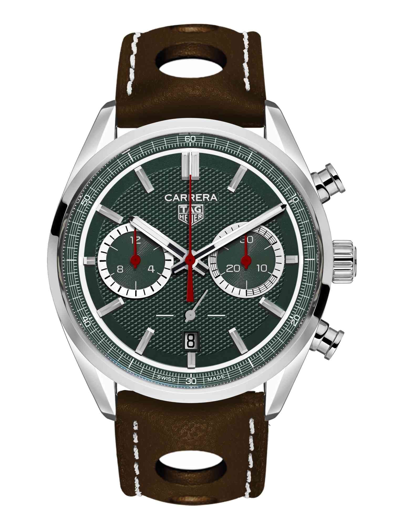 TAG HEUER Carrera Chronograph x Festival of Speed 泰格豪雅重返英國「古德伍德速度節」(Goodwood Festival of Speed),擔任官方計時合作夥伴,為此特別推出這款限量錶,以Carrera計時腕錶為基礎,採用英國「賽車綠」面盤,錶面飾以精緻的巴黎釘紋,並點綴紅色細節,搭配棕色皮革錶帶,呼應1970年代賽車黃金年代的風采。搭載品牌自製TH20-00機芯,配備42毫米錶殼。 功能:時、分、小秒針指示;日期顯示;計時碼錶 機芯:自動上鏈機芯 定價:約6,540英鎊(限量100只)
