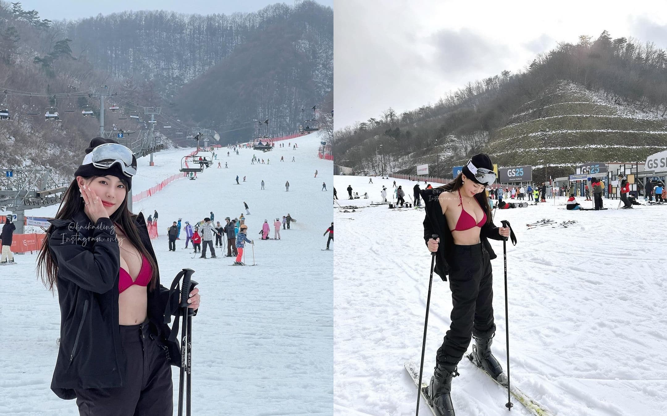 網紅「凱莉老師」滑雪時外套內只穿火辣比基尼,雪乳成為目光焦點。(翻攝IG@kaikailing)