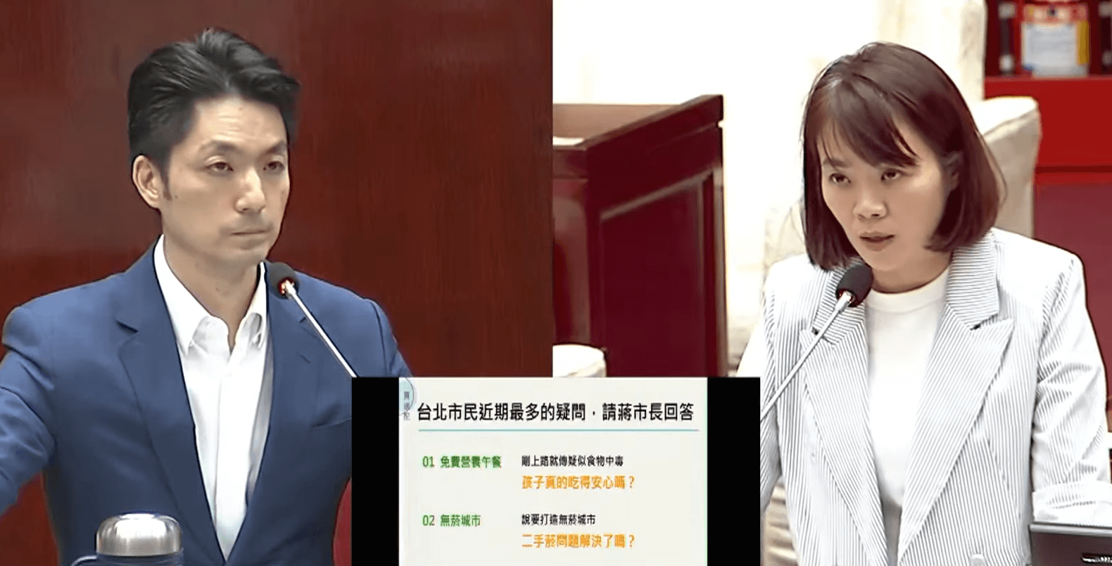 簡舒培質疑,難道局處長認為蔣萬安無法回答問題才急著上台?要求時間暫停請首長回座。(翻攝直播畫面)