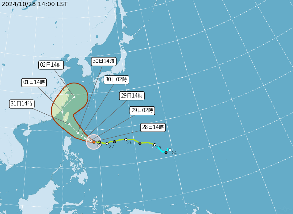 根據中央氣象署目前預測路徑,康芮很可能會在11月1日左右登陸台灣。(中央氣象署提供)