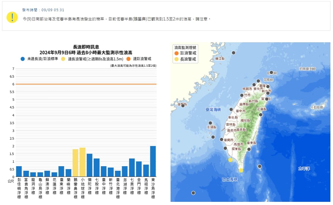 中央氣象署發布長浪訊息。(翻攝自中央氣象署)