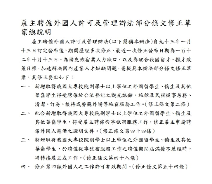 勞動部預告修正《雇主聘僱外國人許可及管理辦法》部分條文修正草案。(翻攝自勞動部官網)
