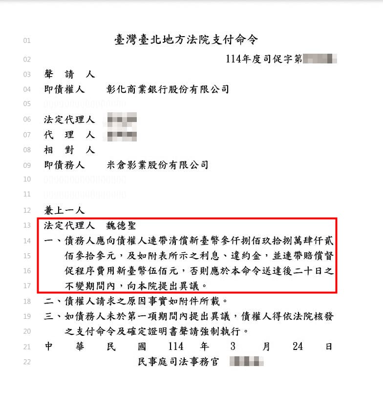 根據法院 判決系統顯示,今年3月魏德聖被彰化銀行追討近4,000萬元,宛如跳不出債務紀錄的黑洞。(翻攝自司法院判決書系統)