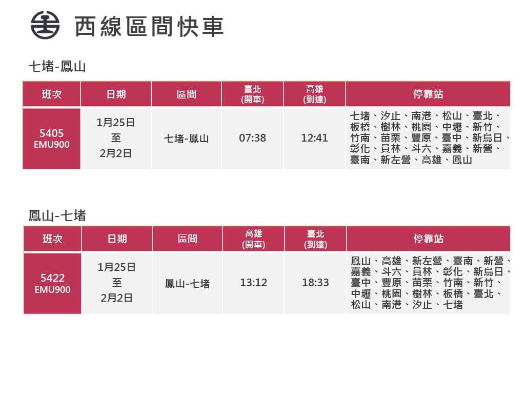台鐵春節連假加開班次一覽。(台鐵公司提供)
