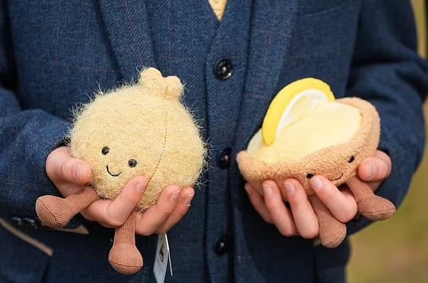 Jellycat「醃洋蔥」娃娃（左）給威廉王子，「檸檬塔」娃娃（右）給凱特王妃。（翻攝X@SabirahLohn）