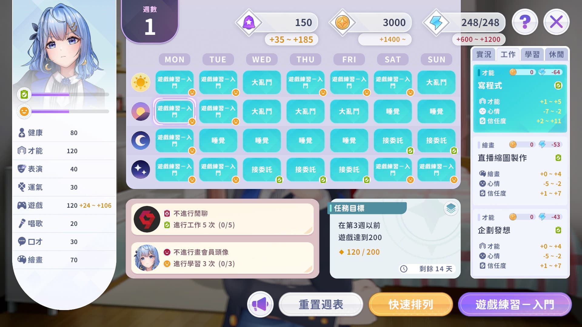 經紀人要為Vtuber安排行程,有可能遇到Vtuber狀況不佳、不照行程執行的狀況。(翻攝自實機遊戲)