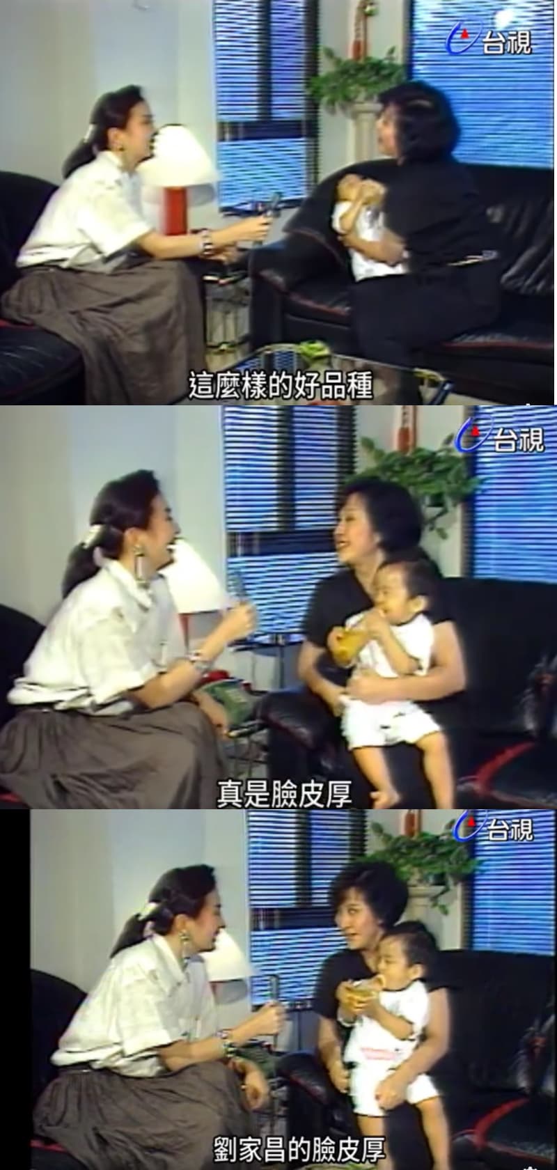 1987年,甄珍(中)抱著1歲的兒子劉子千(右)接受胡冠珍(左)專訪,笑說劉家昌「臉皮厚」。(翻攝自台視臉書)