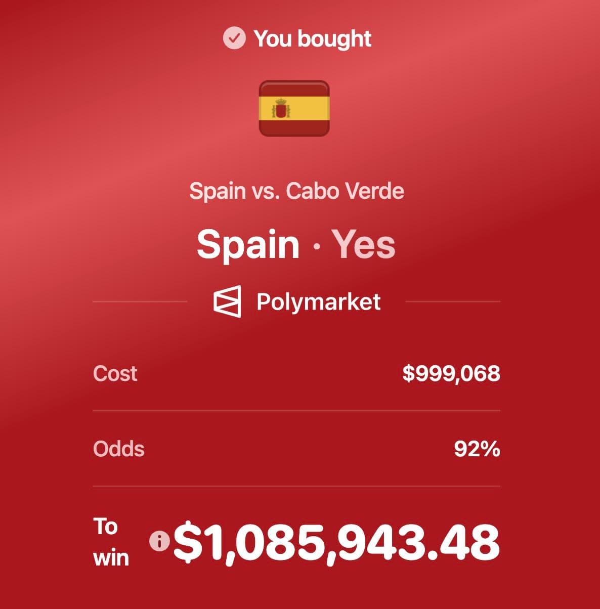 一名重壓西班牙贏球的用戶,輸掉100萬美元。(翻攝自X@PolymarketSport)