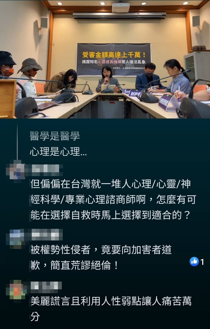 立委王婉諭開記者會抨擊P.O.P.心理企管顧問公司。（翻攝自臉書）
