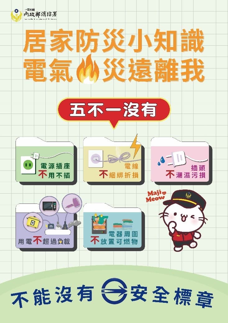 消防署公布民眾用電安全「5不1沒有」。（消防署提供）
