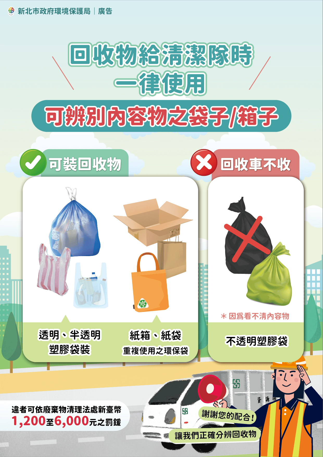 一般家戶回收物如以塑膠袋盛裝,須使用外觀可辨明內容物的透明或半透明塑膠袋,避免看不清內容物。(新北環保局提供)