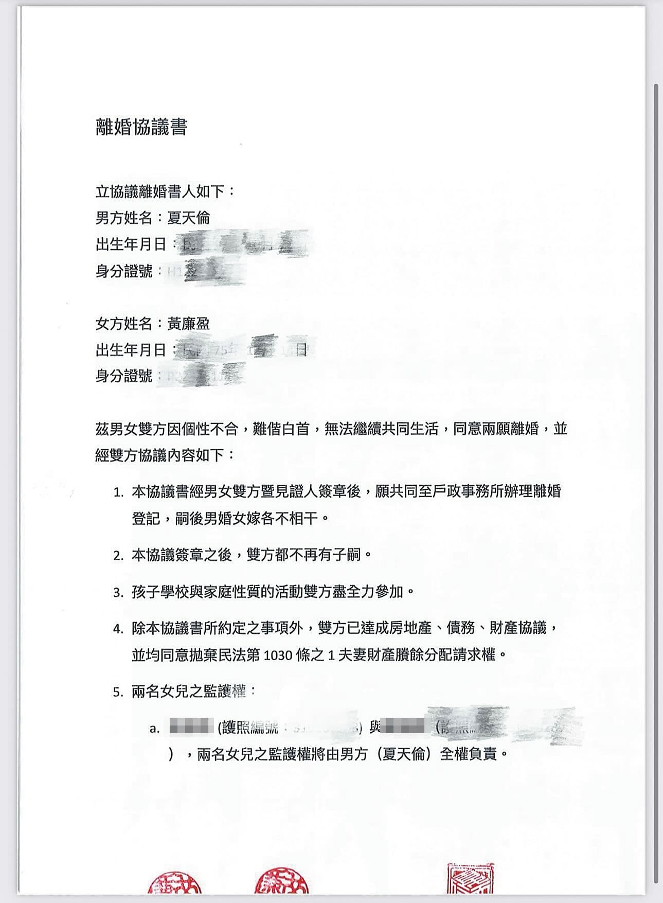 夏天倫和黃廉盈的離婚協議上並沒有寫清楚黃廉盈不需要付撫養費,導致她淨身出戶後被夏天倫獅子大開口。(翻攝自夏天倫Threads)