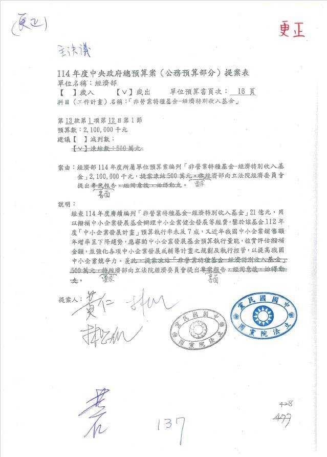 國民黨團則秀出預算提案表,抨擊總統府公然造謠,要求張惇涵立即公開道歉。(國民黨團提供)