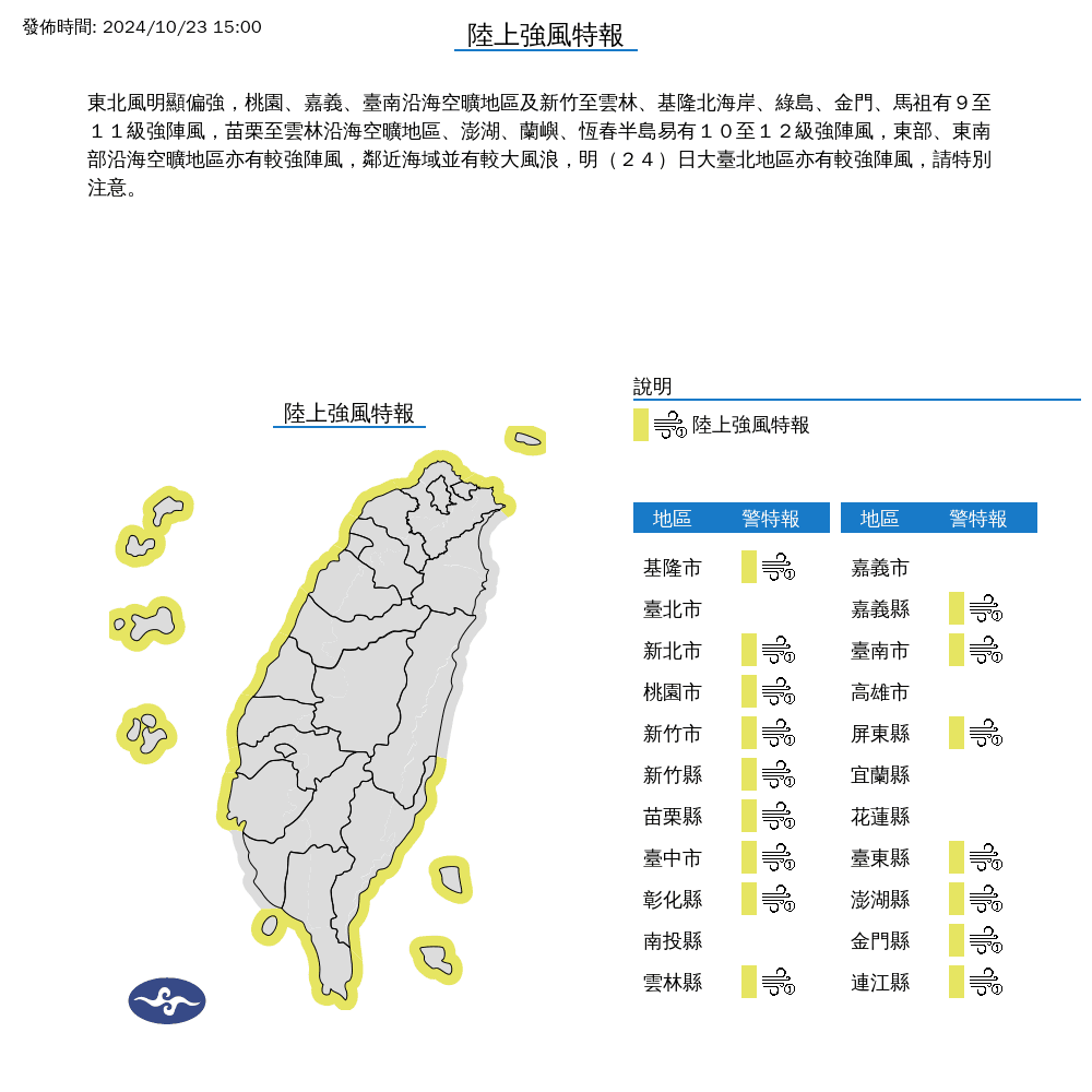 氣象署還發布陸上強風特報,提醒民眾要特別注意。(中央氣象署提供)