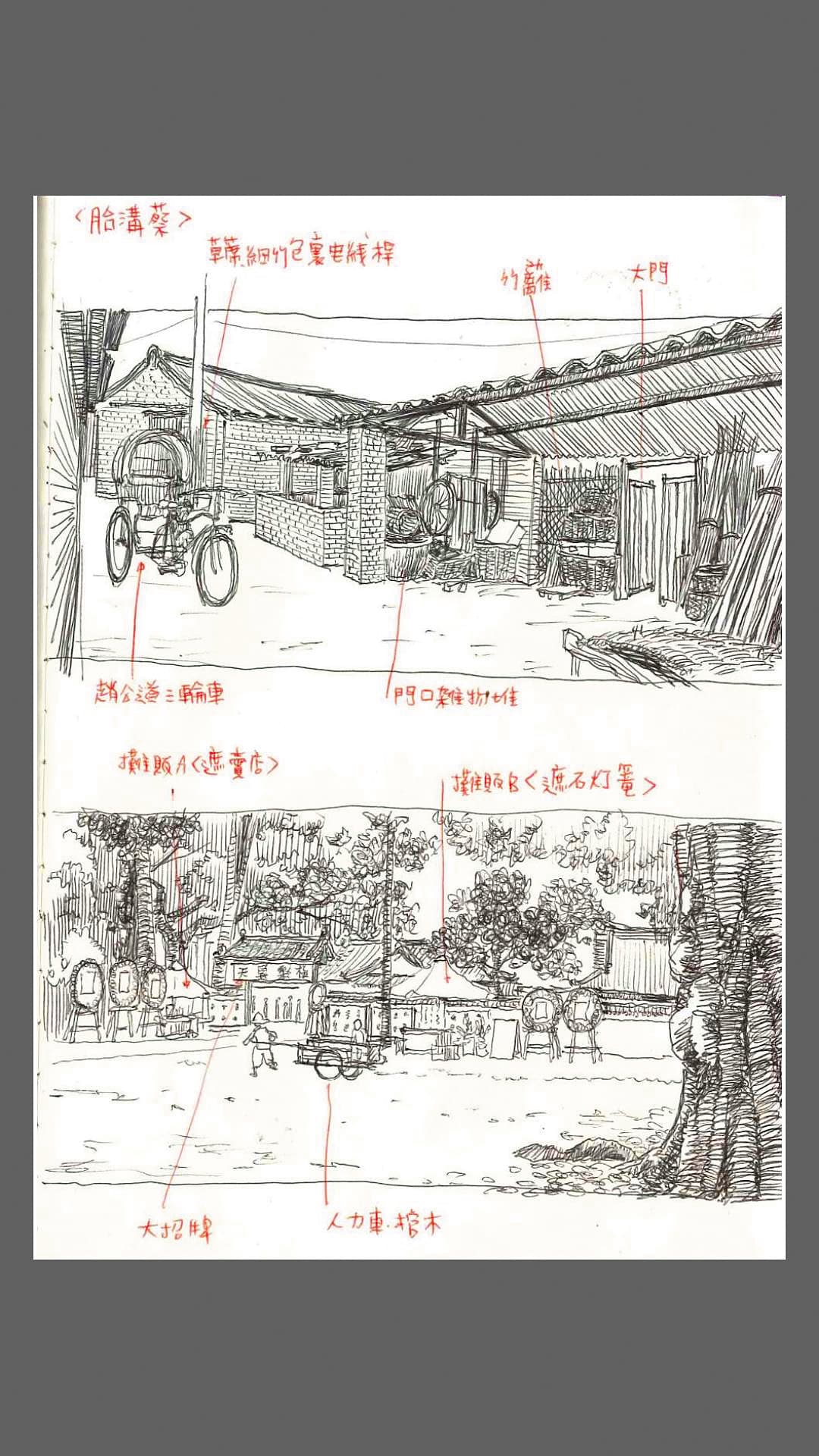 美術指導王誌成手繪片中極樂殯儀館門口陳設景觀。（王誌成提供）