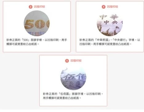 央行說明如何辨識紙鈔真偽口訣「看一看」「摸一摸」「轉一轉」。(翻攝自中央銀行券幣數位博物館)